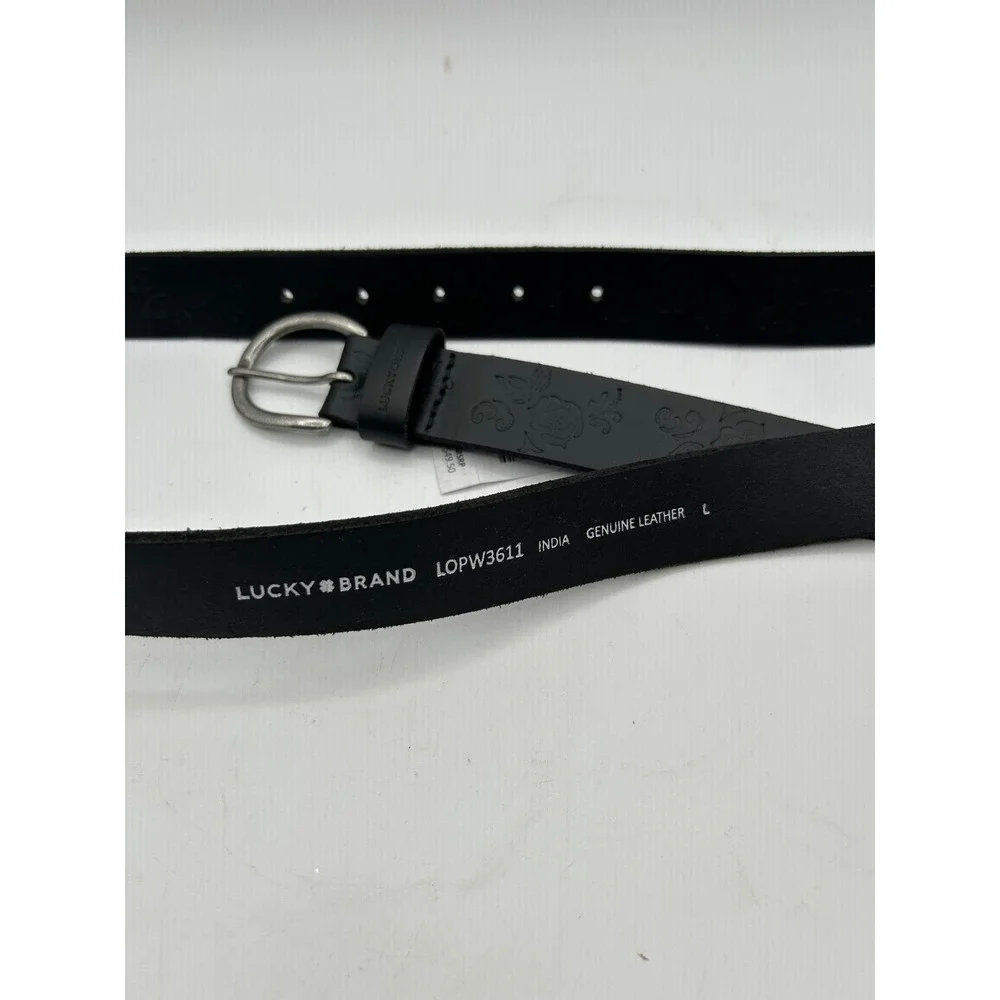Lucky Brand Belt Women Large Black Floral Embossed Leather Silver Buckle Casual